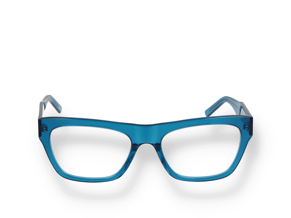 Occhiali da vista Balenciaga BB0308O 004 di materiale acetato riciclato e di colore blu con forma cat eye frontale
